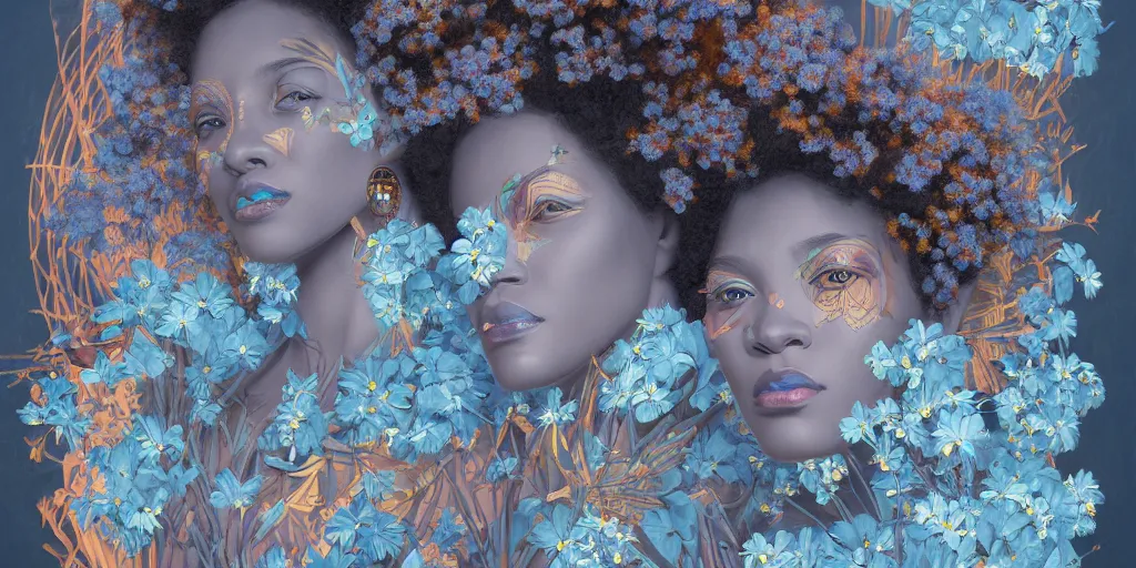 Image similar to breathtaking detailed concept art painting art deco pattern of afroamerican faces goddesses amalmation light - blue flowers with anxious piercing eyes and blend of flowers and birds, by hsiao - ron cheng and john james audubon, bizarre compositions, exquisite detail, extremely moody lighting, 8 k