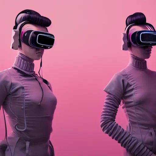 Prompt: intense futuristic bespoke vr headset respirator with long cables like dreadlocks on a set of twin ninja hypebeasts, by ilya kuvshinov and james jean and sorayama and ikeuchi and hiroya oku and gilleard james, artstation trending, 8 k, 3 d render, photorealistic, volumetric lighting caustics, pink