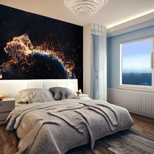 Image similar to a cozy bedroom interior with wall murals painted by a genius, detailed, high resolution, wow!, intricate, volumetric lighting, raytracing