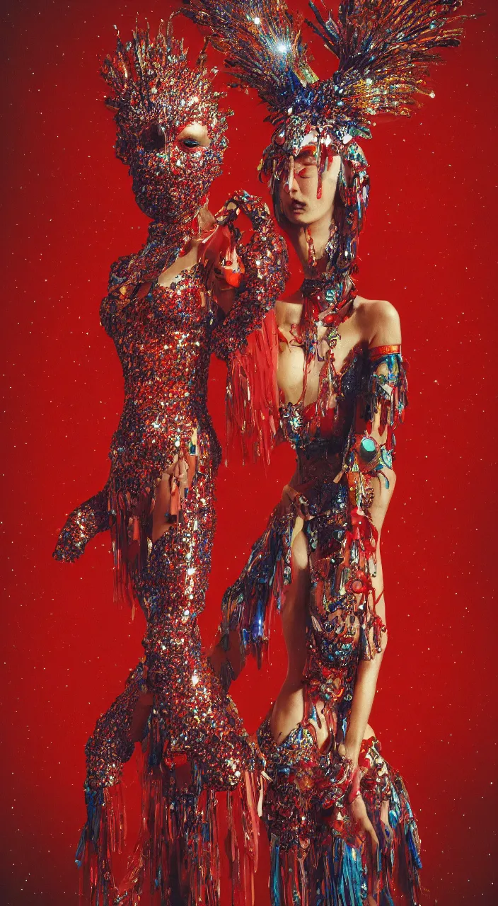 Prompt: a full - body female character design wearing a red sequined bodysuit, beads hanging over her face like an alexander mcqueen headdress, costume by eiko ishioka, haute couture by moebius, steven outram, colorful and psychedelic, hd, 8 k, artstation, high quality