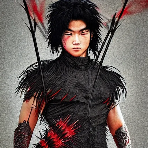 Image similar to mazoku warrior, handsome japanese demon boy, young adult mazoku man with long wild spiky black hair, vantablack clothes, red eyes, ultra realistic, intricate details, eerie, highly detailed, photorealistic, octane render, 8 k, art by artgerm, greg rutkowski, charlie bowater, magali villeneuve, alphonse mucha