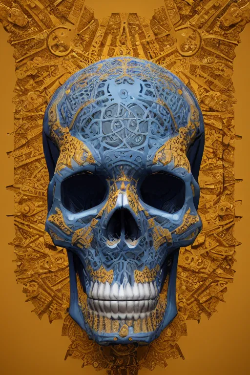 Image similar to hyperrealistic 3 d render skull, the skull is decorated with art deco gears patterns, hyperrealistic, volumetric lighting, ultra detailed, elegant, octane render, blue and gold, 8 k, trending on artstation, unreal engine