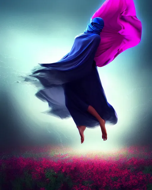 Image similar to beautiful arab woman in niqab, floating in mid - air, long flowing fabric, haunting, dancer, flowers, rain, lightning, storm, digital painting, illustration by raymond swanland and artgerm and mina petrovic and timothy kong and marina federovna, volumetric lighting, artstation