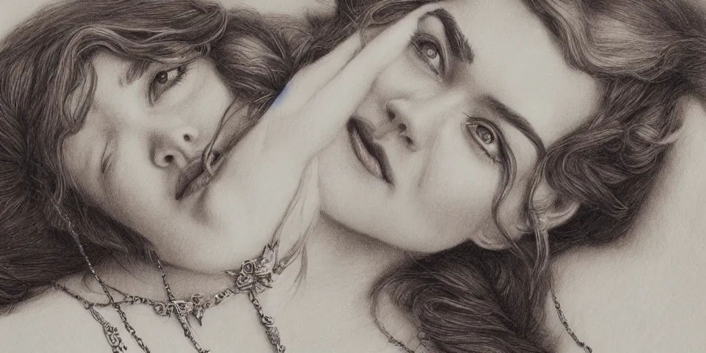 Prompt: an intricate pencil drawing on paper of kate winslet as rose in titanic movie lying down wearing only a necklace by greg rutkowski, hyper - realistic, trending on artstation