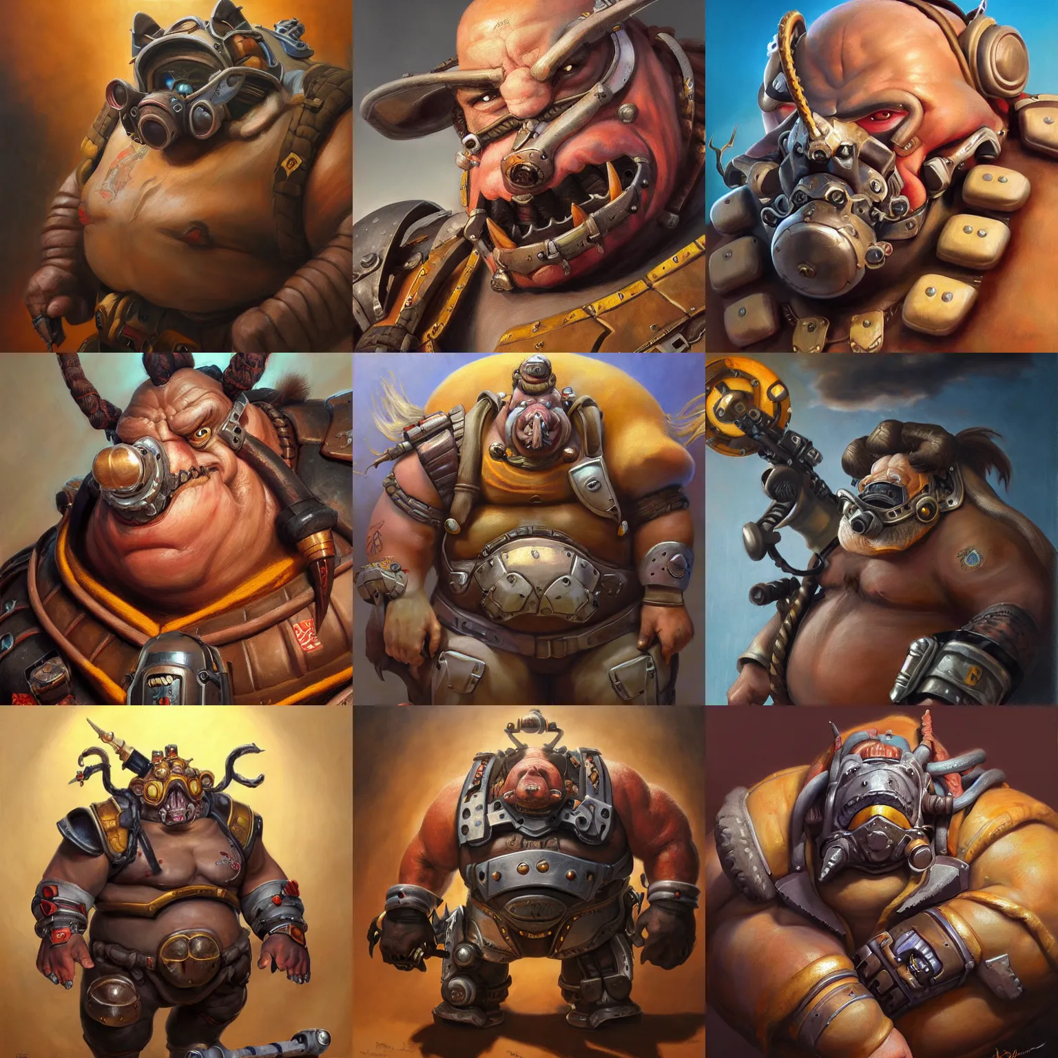 Image similar to detailed portrait of roadhog from overwatch, intricate, hyper detailed, realistic, oil painting, by julie bell, frank frazetta, cinematic lighting