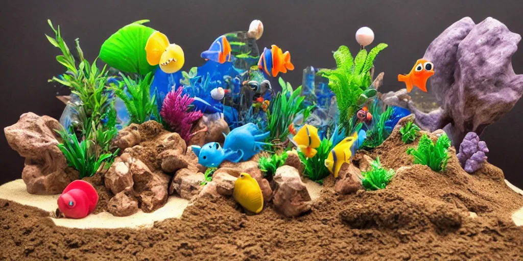 Prompt: plasticine models. side view of tropical fish tank with sand and gravel, wallace and gromit, wrong trousers. figures clay. water. aquatic photography. bubbles out of a shell