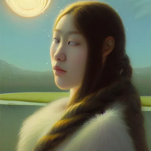 Prompt: a ultradetailed beautiful painting of a young european inuit woman in the park by hsiao ron cheng, ngai victo, nivanh chanthara jean delville wlop and dougherty patrick, trending onv artstation, alaska, light sparkles, major arcana sky, sharp focus, soft light