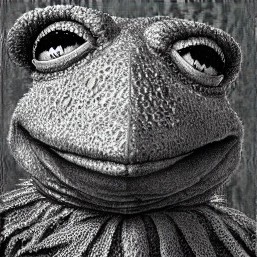 Prompt: portrait of Kermit the Frog, close up, realistic, very realistic, detailed, dramatic light, illustration by Gustave Doré