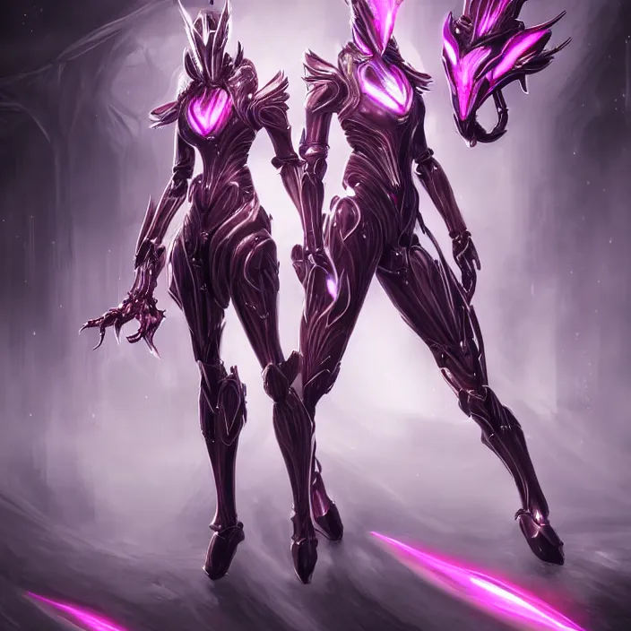 Image similar to highly detailed exquisite fanart, of a beautiful female warframe, but as a stunning anthropomorphic robot female dragon, standing elegantly with hand on hip, shining reflective off-white plated armor, slick elegant design, bright Fuchsia skin, sharp claws, full body shot, epic cinematic shot, realistic, professional digital art, high end digital art, DeviantArt, artstation, Furaffinity, 8k HD render, epic lighting, depth of field