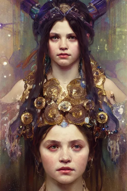 Image similar to hyperrealist portrait of a girl emperorit is decorated with long robes that fall like stars. by jeremy mann and alphonse mucha, fantasy art, photo realistic, dynamic lighting, artstation, poster, volumetric lighting, very detailed faces, 4 k, award winning