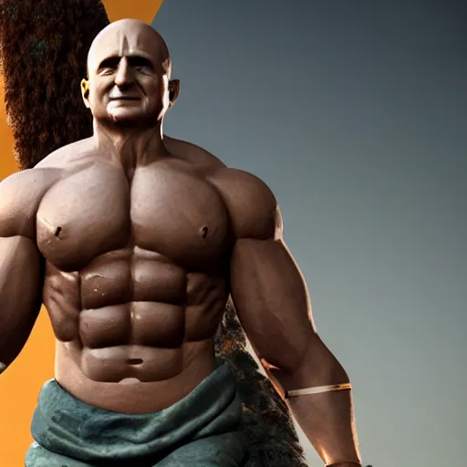 Image similar to harry truman as an amazon warrior, muscles, muscles, 4 k, octane render, volumetric lighting, unreal engine, raytacing