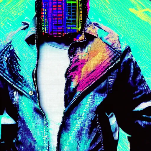 Prompt: Jacket from hotline miami, pixel sorting, glitch art, vaporwave, portrait, painting