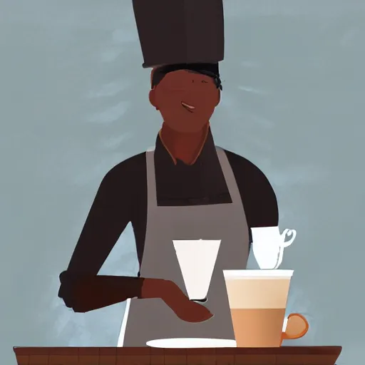 Image similar to an anthro wolf wearing a barista outfit pouring a cup of coffee in a cafe, soft lighting, digital painting