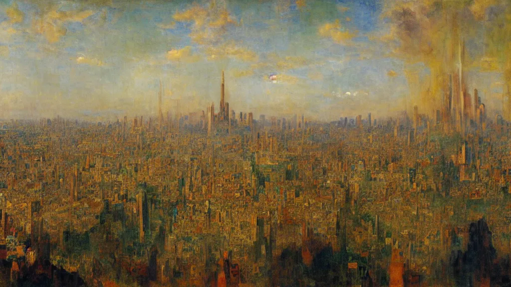 Image similar to a dream city in the style of gustave moreau, fernand keller, oil on canvas, musee d'orsay, 4 k resolution, detailed, enigmatic