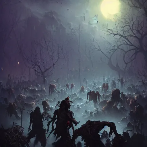 Image similar to A hoard of zombies approaching, Scary, Moonlit Night, 8k resolution matte fantasy painting, cinematic lighting, DeviantArt, Artstation, Jason Felix Steve Argyle Tyler Jacobson Peter Mohrbacher