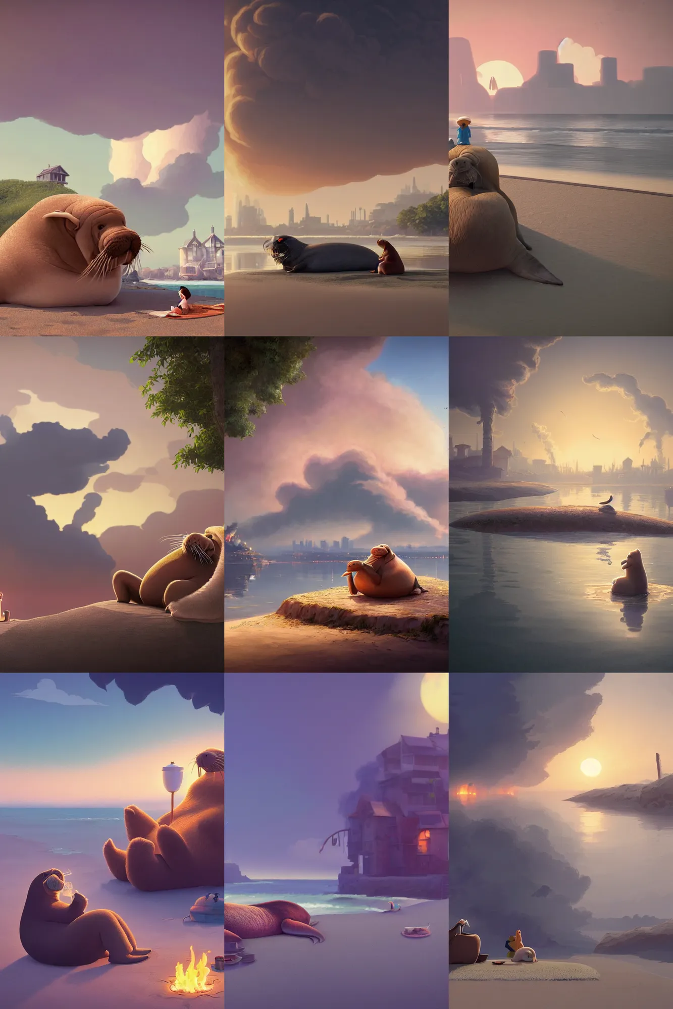 Prompt: a wholesome cottagecore illistration of a cute walrus relaxing peacefully on the beach as smoke from a burning city rises in the background, studio Ghibli, Pixar and Disney animation, sharp, Rendered in Redshift and Unreal Engine 5 by Greg Rutkowski, Bloom, dramatic lighting