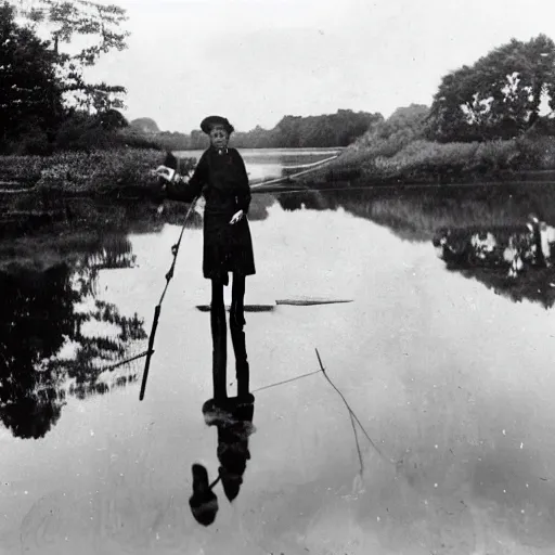 Image similar to a young edwardian woman fishing from a small wooden pier in a pond, black and white photograph