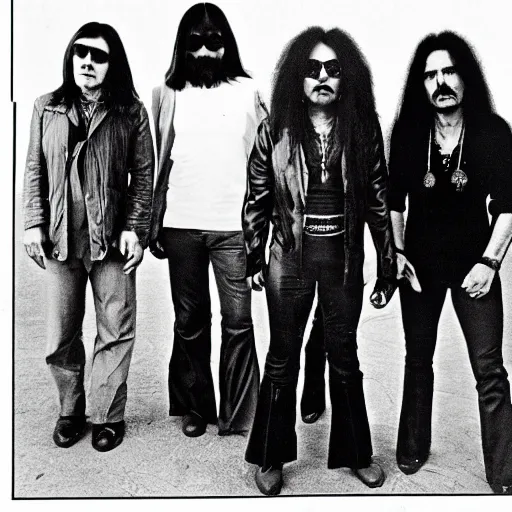 Prompt: black sabbath but all members are women, 1 9 7 0, band promo photo, genderswapped