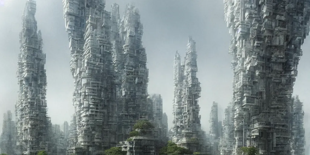 Prompt: city and temples, but with trees and water, arab architectural and brutalism and gigantism, composition idea concept art for movies, style of denis villeneuve and greg fraiser