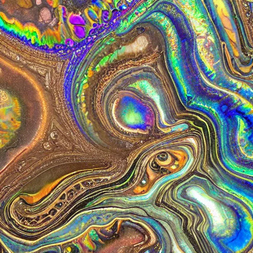 Image similar to Art Nouveau cresting oil slick waves, hyperdetailed bubbles in a shiny iridescent oil slick wave, ammolite, geode, detailed giant opalized ammonite shell, black opal, abalone, paua shell, ornate copper patina medieval ornament, rococo, organic rippling spirals, octane render, 8k 3D, druzy geode, cresting waves and seafoam