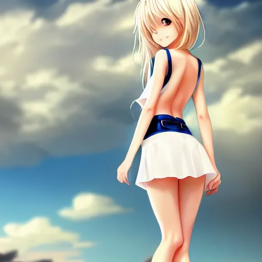 Image similar to tiny father a tall daughter picture : a very beautiful young blond macro anime girl with a tiny father, sky blue eyes, bikini, white miniskirt, highly detailed, cinematic wallpaper by stanley artgerm lau