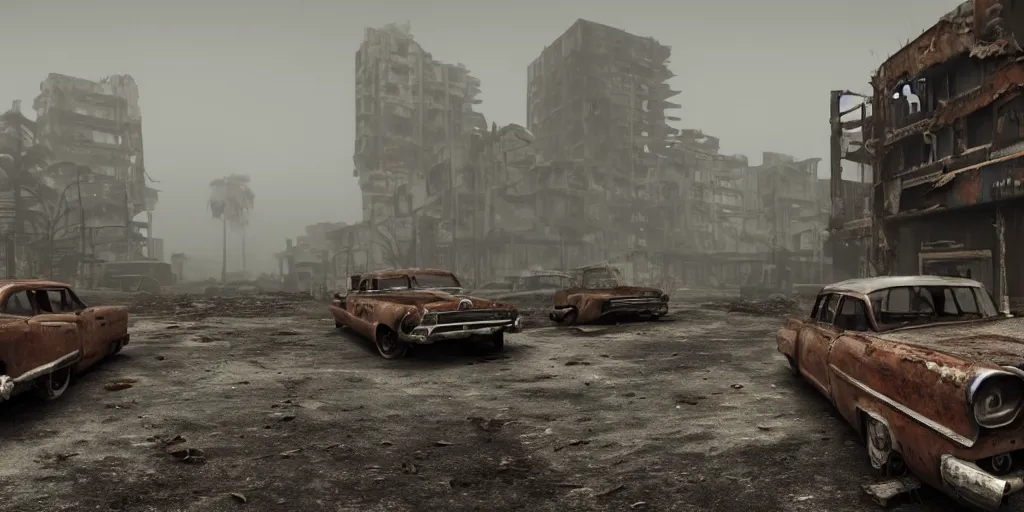 Image similar to wide angle shot of dilapidated fallout 5 tropical coastal city in real life, desolate, dilapidated, empty streets, nightmarish, some rusted retro futuristic fallout vintage style parked cars, overcast, blankets of fog pockets, rain, volumetric lighting, photorealistic, daytime, autumn, sharp focus, ultra detailed, cgsociety