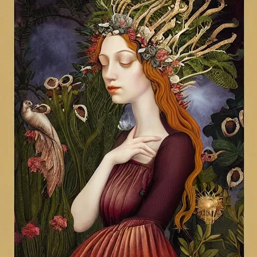 Image similar to a detailed portrait of young woman in renaissance dress and a surreal renaissance headdress, very surreal garden, strange creatures, by christian schloe and botticelli, naotto hattori, amy sol, roger dean, moody colors