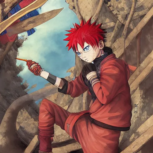 Image similar to Gaara Narutopunk Oni Shinobi at the gates of Tartarus Sand Crest Ninja Warrior Portrait Portrait Wearing Red Ninja-Yoroi uta natsume inio asano naoko takeuchi shotaro ishinomori Max Ernst Rossdraws Ryan Gitter Ilya Repin Final Fantasy Cover Art