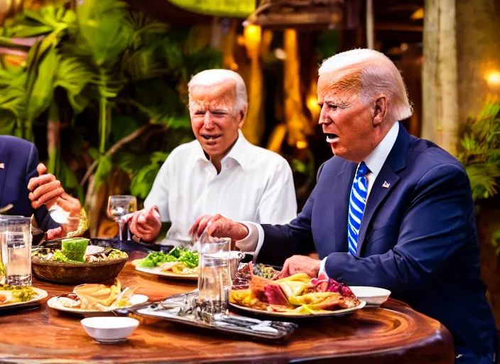 Image similar to Trump and Biden having dinner at a fancy Balinese restaurant, award winning cinematic photography, sigma 85mm Lens F/1.4, blurred background, perfect faces