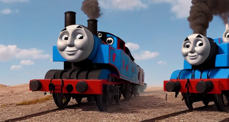 Prompt: Thomas the Tank Engine in the fiery Wasteland of MAD MAX: FURY ROAD