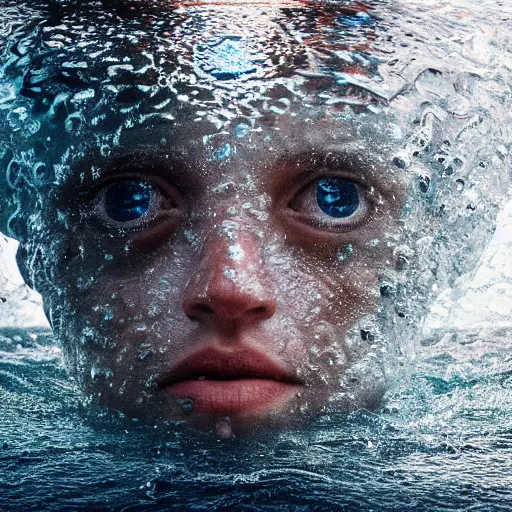 Prompt: a water sculpture in the shape of a human head, on the ocean water, water manipulation photoshop, behance, ray tracing, cinematic, in the style of johnson tsang, long shot, hyper detailed, hyper realistic, 8 k resolution, sharp focus, realistic water, award winning