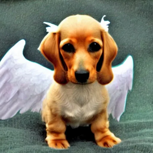 Prompt: a daschund dog with angel wings in heaven