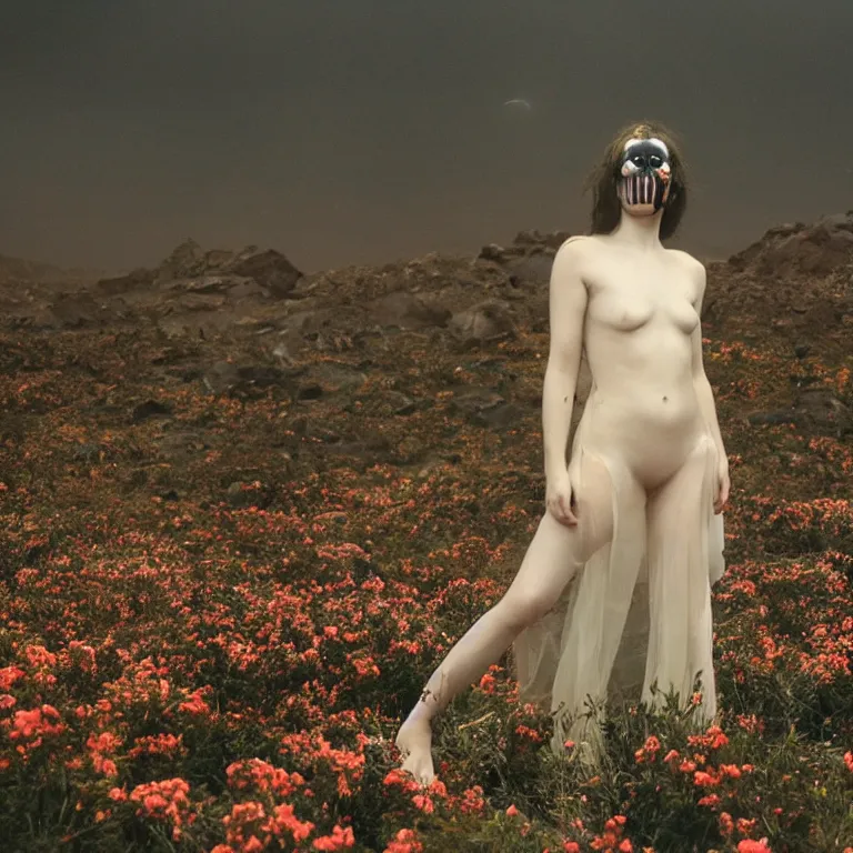 Prompt: The full body shot of beautiful pale woman with many flowers and full-face black mask with glowing halo, a thick black smoke in rocky desert landscape, glowing eyes, falling star on the background, burning earth by Christopher Doyle, Gaspar Noe, Tarkovsky, Alejandro Jodorowsky, anamorphic lens, cinematic composition, award winning photo, 8k