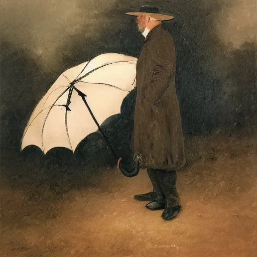 Prompt: an umbrella covering an old man in the rain, rafael sanzio