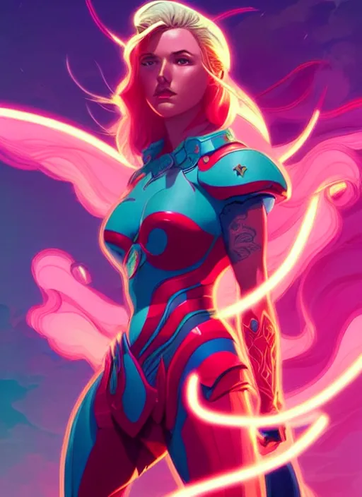 Prompt: style artgerm, joshua middleton, illustration, olivia munn as paladin, strong, muscular, muscles, cyan hair, swirling pink flames cosmos, fantasy, cinematic lighting, collectible card art