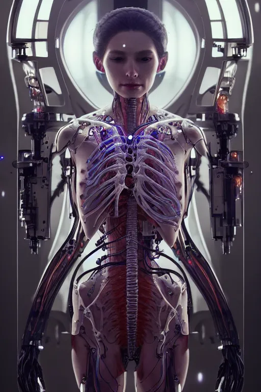 Prompt: ultra realistic, a beautiful cyborg woman's nervous system and organs are spread over a lab table, sci - fi, intricate details, eerie, highly detailed, octane render, 8 k, art by artgerm and alphonse mucha and greg rutkowski