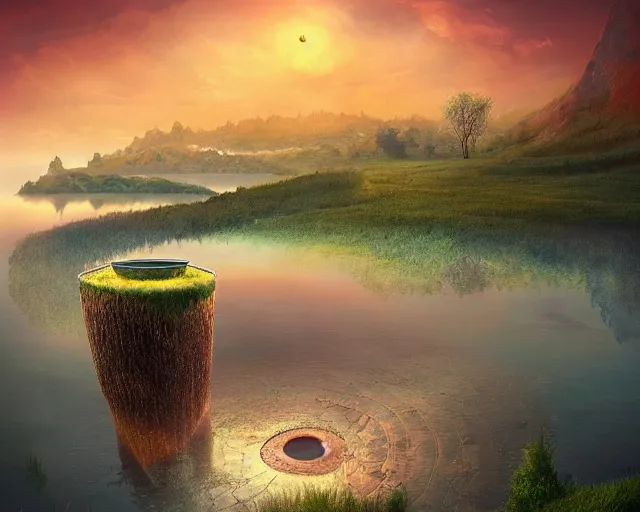 Prompt: a surreal landscape at sunset with a immense gigantic ornated iron chalice cup with a lake inside, water in excess dropping by gediminas pranckevicius