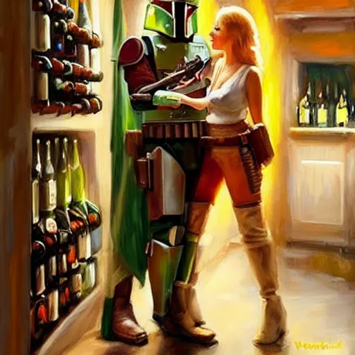 Image similar to (Boba Fett) and a beautiful young blonde drinking beer in a wine cellar, food, meat, schnapps, torches on the wall, romantic, inviting, cozy, painting by Vladimir Volegov