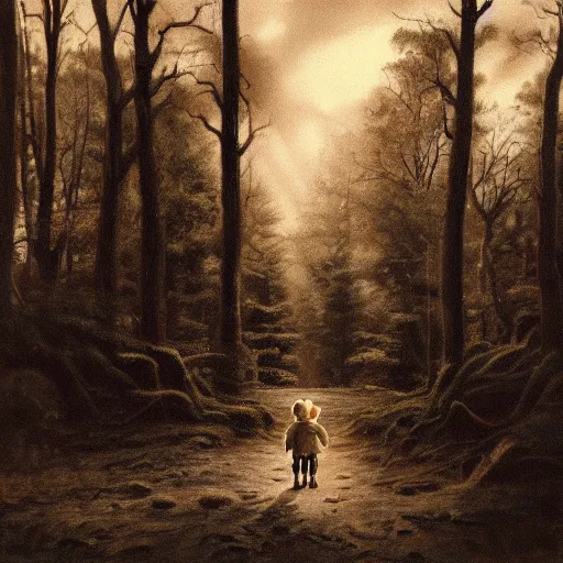 Image similar to high - angle view, shot from 5 0 feet distance, baby yoda strolls on a well lit path in a dimly lit forest. dramatic clouds, setting sun. oil on canvas painting, light, shadow, contrast, detailed, depth, volume, chiaroscuro, drama, quiet intensity, serene.