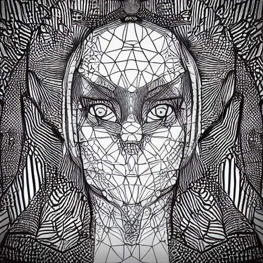 Prompt: “geometrically surreal order of face mask, extremely high detail, photorealistic, intricate line drawings, dotart, album art in the style of James Jean”