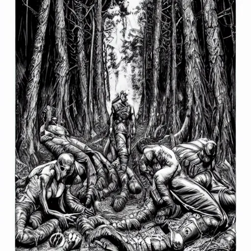 Prompt: sci - fi monster hunters, walking in a flesh and bones forest, hyperdetailed, art liam sharp