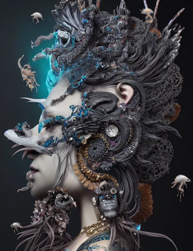 Image similar to 3 d goddess of hell close - up profile portrait with ram skull. beautiful intricately detailed japanese crow kitsune mask and clasical japanese kimono. betta fish, jellyfish phoenix, bio luminescent, plasma, ice, water, wind, creature, artwork by tooth wu and wlop and beeple and greg rutkowski