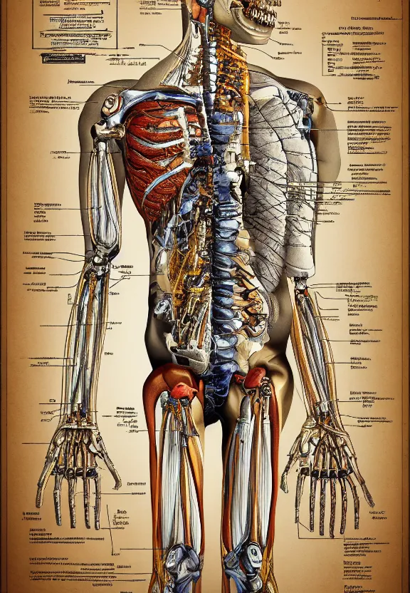 Image similar to highly detailed labeled medical anatomy poster of a robotic ent + anatomical drawing on poster paper with notes + well - lit, ray tracing, detailed + mechanism, ent, tree forbidden - knowledge, intricate details, gold and silver ink