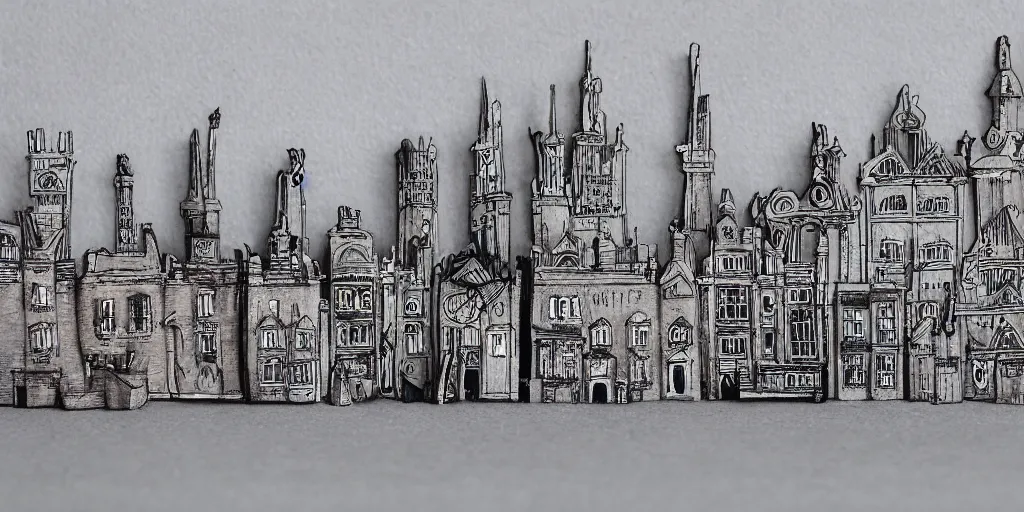 Prompt: 2 d victorian london skyline in the style of tim burton, claymation