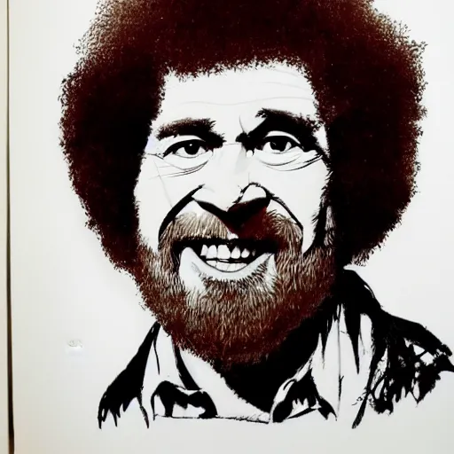 Image similar to bob ross in a portrait, drawn in ink by ralph steadman