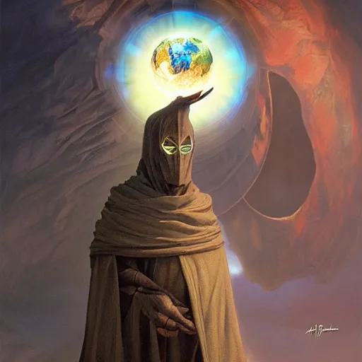 Image similar to masked nomad male wearing a cloak on an alien world and holding a holographic planet projection in his hand, detailed, sci - fi, digital painting, artstation, sharp focus, illustration, ominous, artgerm, tomasz alen kopera, peter mohrbacher, donato giancola, joseph christian leyendecker, wlop, frank frazetta