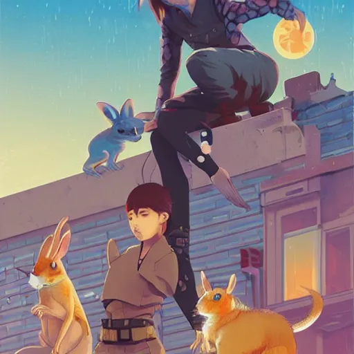 Image similar to anime mutant pet shop squad. rabbit, puppy, hamster. iguana. rat ninjas on the urban neogeorgian rooftops at night. low angle. artstation, by ilya kuvshinov and jeremy lipking and quentin mabille w - 1 0 2 4