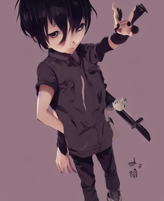 Image similar to cute little boy with black hair anime character inspired by jason voorhees, art by rossdraws, wlop, ilya kuvshinov, artgem lau, sakimichan, jakub rebelka and makoto shinkai, anatomically correct, extremely coherent, highly detailed, sharp focus, slasher movies, smooth, very realistic, symmetrical