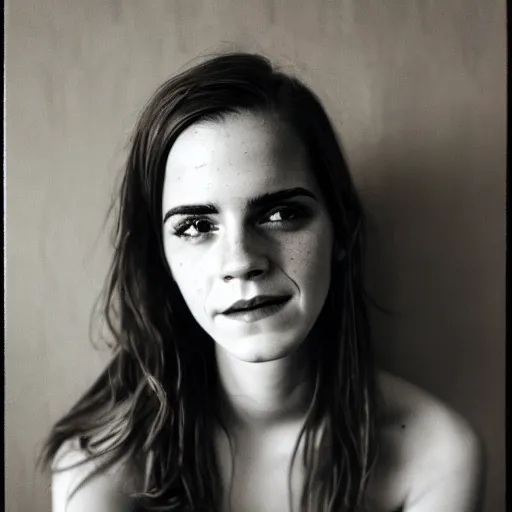 Image similar to portrait close up, emma watson skinny malnourished redneck, smiling, jug of whiskey, 2 6 mm, kodak gold 2 0 0,