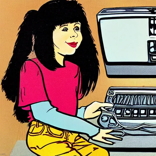 Prompt: illustration of Punky Brewster programming a 1980s desktop computer by Elsa Beskow